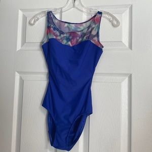 Lulli blue adult small leotard with mesh floral back and front